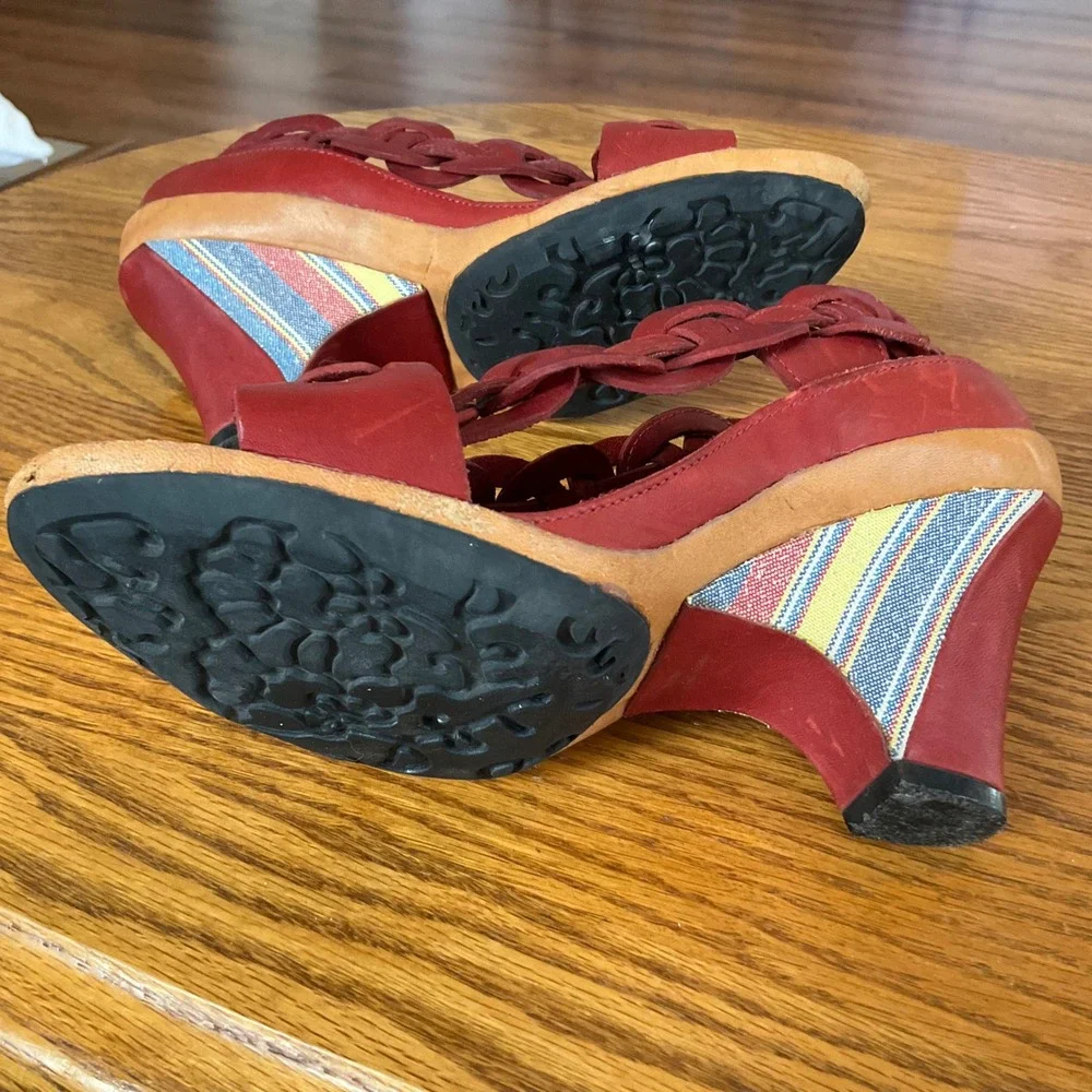 Nicole Wedge Sandals Women Size 7 Red Leather Braided Strap Boho